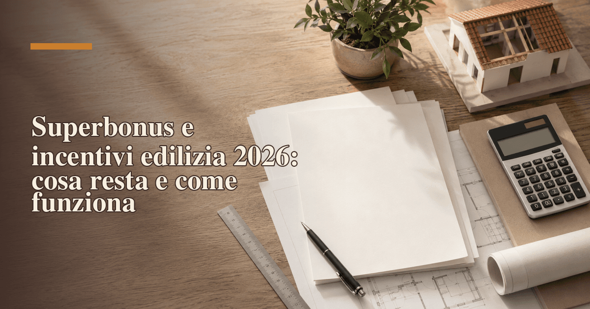 Documenti, calcolatrice e progetto edilizio su una scrivania